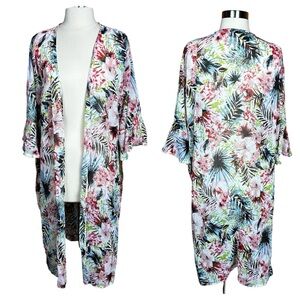 Lildy White Floral Semi-Sheer Open Front Longline Cropped Bell Sleeve Swim Cover